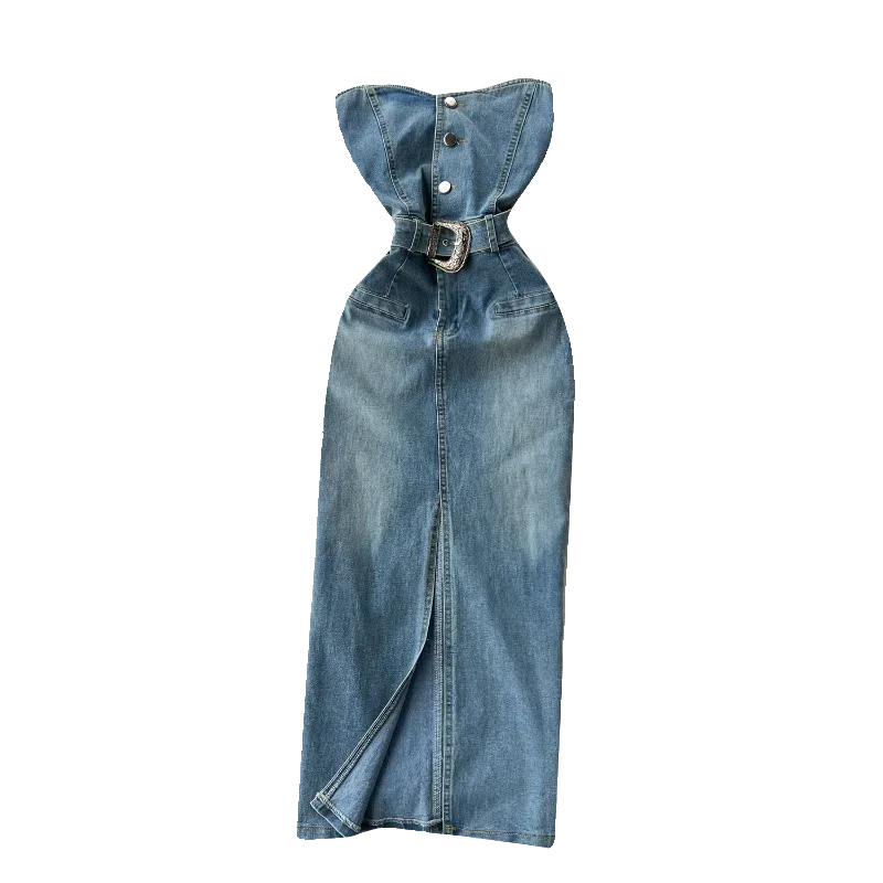 Denim Dress Women Sheath Dresses Vintage Sexy Vestidos Sleeveless Backless Washed Belt Tight Waist Split Sundress Summer 2025