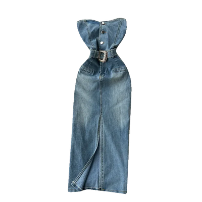 Denim Dress Women Sheath Dresses Vintage Sexy Vestidos Sleeveless Backless Washed Belt Tight Waist Split Sundress Summer 2025