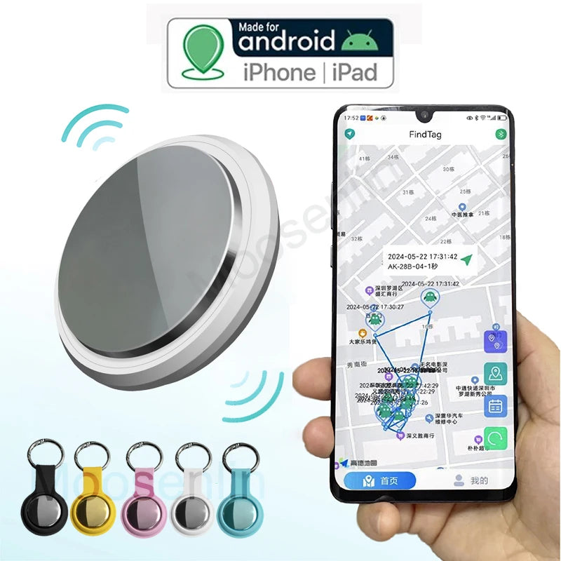 Silver Smart AirTag Bluetooth GPS Tracker keychain with magnetic attachment