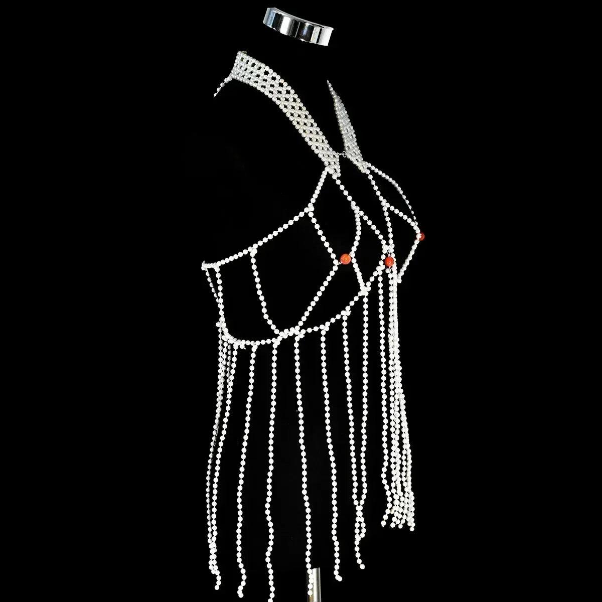 Luxurious a long fringed dress fashion faux pearl women’s body jewelry stage performance outdoor beach party accessories