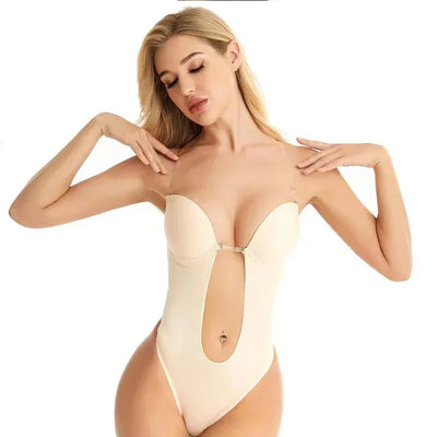 Invisible Shaper Bra Sexy Bodysuit Corset Backless Deep V-Neck U Plunge Thong Waist Trainer Clear Strap Padded Push Up Shapewear