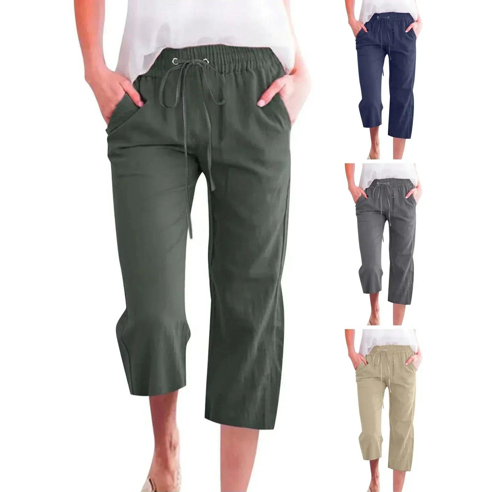 Women’s pants cotton linen harem cropped women drawstring lady pocket trousers loose ropa mujer juvenil