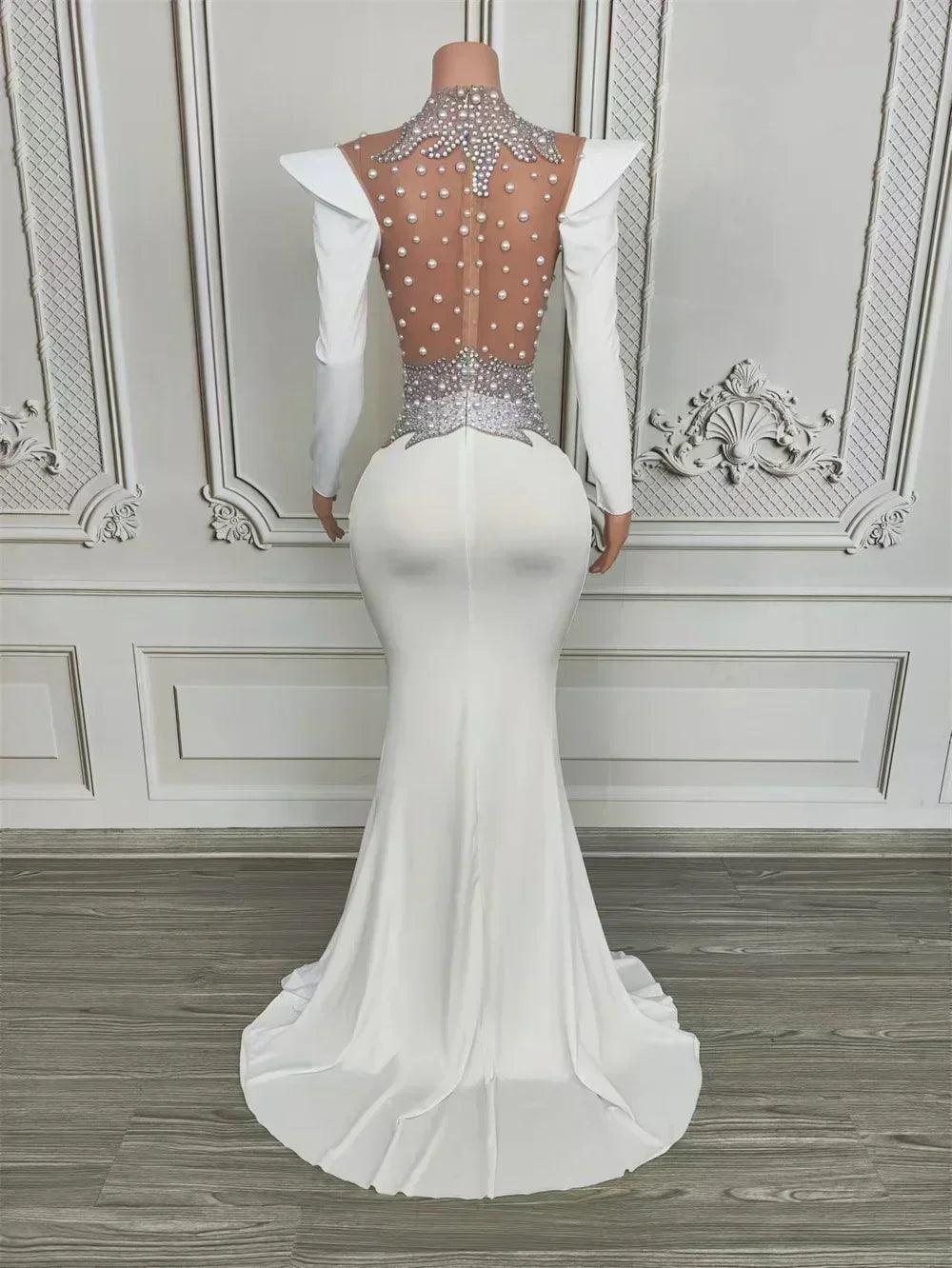 Women luxury evening party elegant gowns sing stage performance costume white pearls see through mesh maxi long dresses