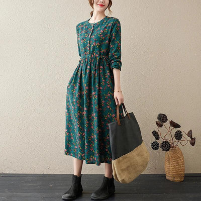 Long Sleeve Cotton Linen Vintage Floral Print Dresses For Women 2025 New Spring Autumn Casual Dress Robe Femme Elegant Clothing