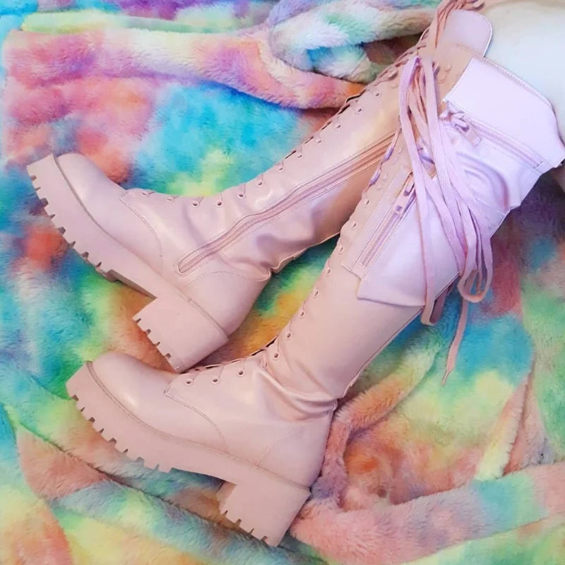 Knee High Boots Women Cool Goth Zipper Design Pocket Lace Up Chunky Heel High Quality Shoes Woman Fashion Popualr Big Size 35-43