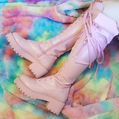 Knee High Boots Women Cool Goth Zipper Design Pocket Lace Up Chunky Heel High Quality Shoes Woman Fashion Popualr Big Size 35-43