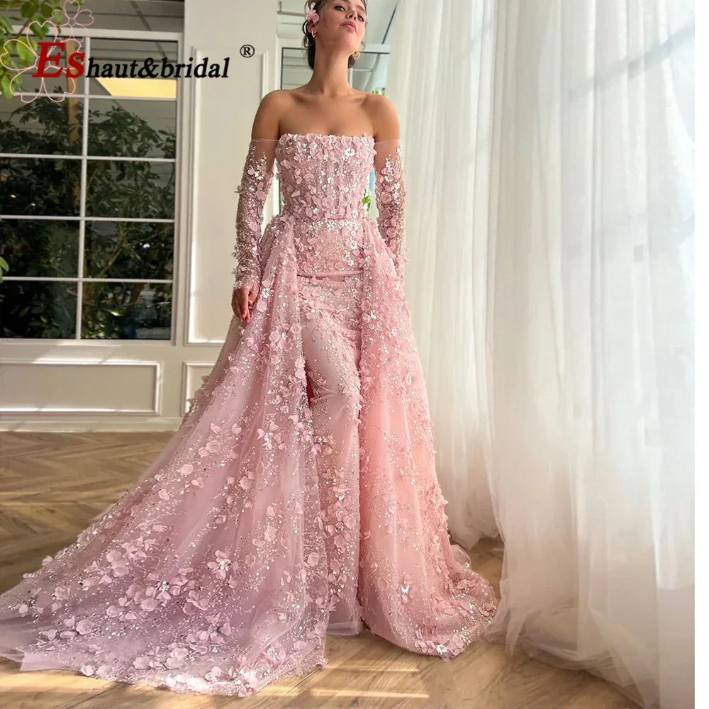 Elegant 3D Flower Evening Dress with Detachable Skirt 2025 Luxury Mermaid Long Sleeves Formal Prom Wedding Party Gown Customized