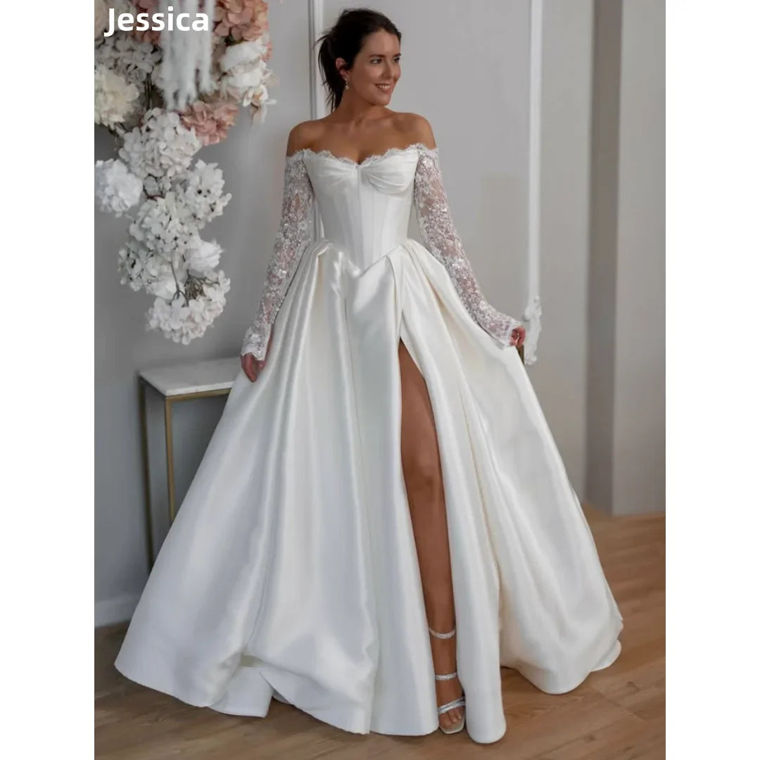Jessica Sequined Long Sleeves Embroidery Evening Dresses White Prom Dresses Gorgeous Satin Lady Wedding Party Dress Customized