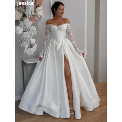 Jessica Sequined Long Sleeves Embroidery Evening Dresses White Prom Dresses Gorgeous Satin Lady Wedding Party Dress Customized