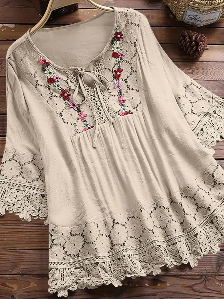Summer cotton linen lace women's top 8865