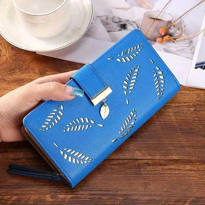 Elegant Women's Wallet With Hollowed-Out Leaf Design, Bifold Long Zippered Clutch, PU Leather Mobile Phone Bag Card Coin Purse