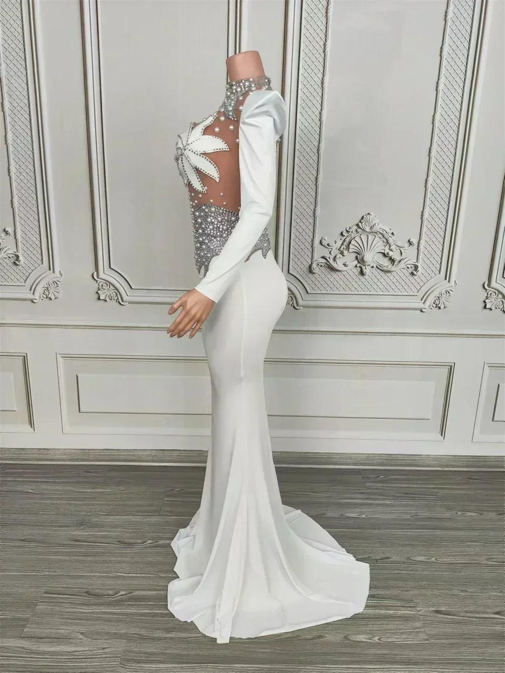 Women luxury evening party elegant gowns sing stage performance costume white pearls see through mesh maxi long dresses