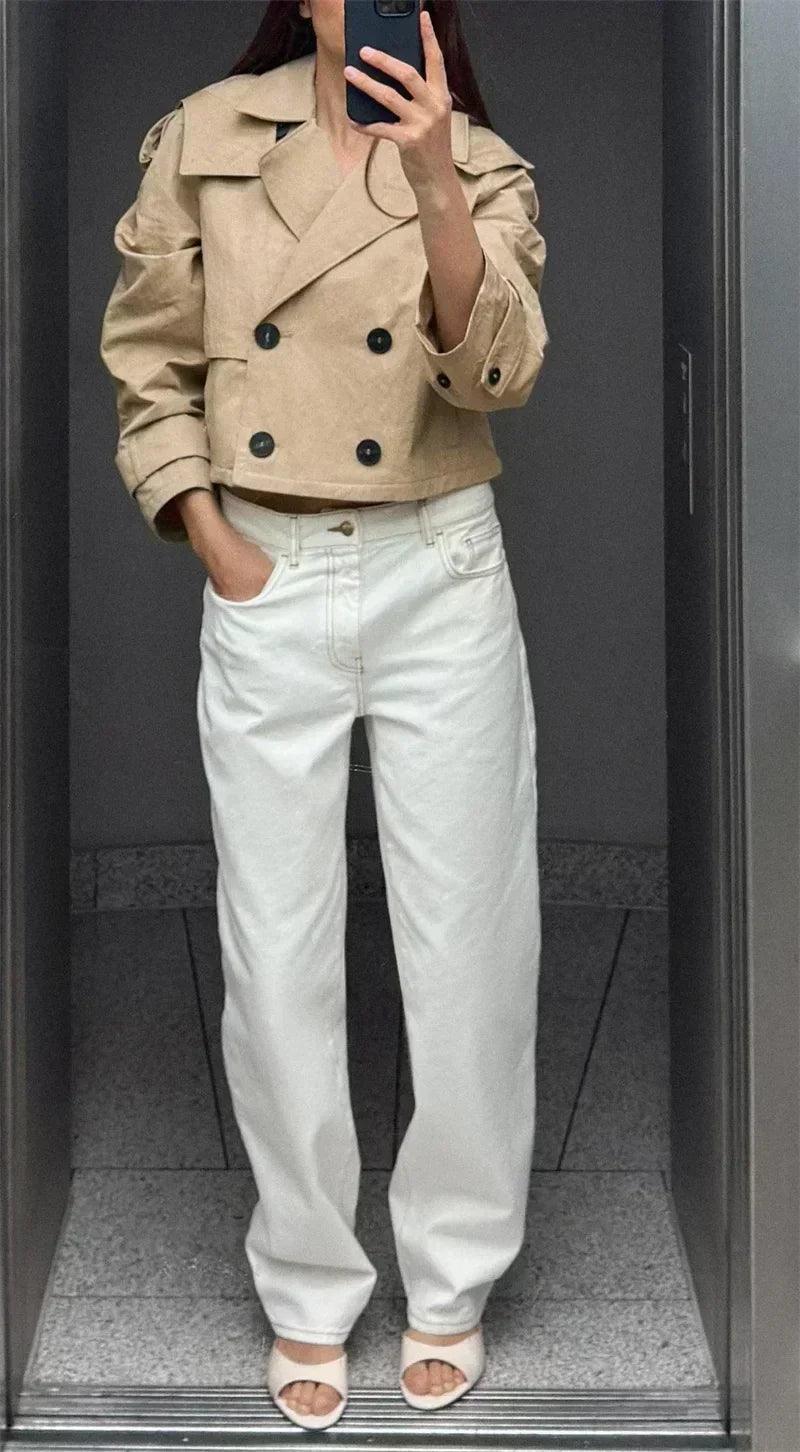 Fashionable khaki short hooded women’s summer jacket casual and versatile