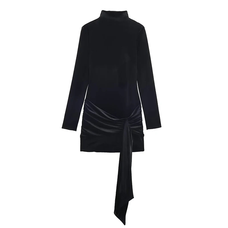 Womens Dress Velvet Turtleneck Long Sleeve Belt Fashion Short Dress Easily Creates A Luxurious And Cool Chic Look Trafizaran