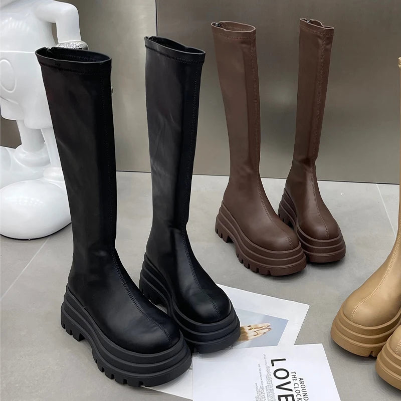 Knee High Women's Long Boots Flats Platform Fashion Shoes Designer Dress Winter Woman Boots 2025 Chelsea Botas De Mujer Zapatos