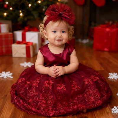 Christmas Costume Girls Party Dresses With Headband Baby Girl Clothes Xmas Sequin Big Bow Lace Princess Dress For 1st Birthday