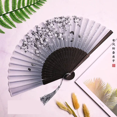Hand Folding Fan BambooSilk Chinese Fan Hand Women Black Fan Summer Female Dance Hand Folding Fan Party Gift Hand Fans For Women