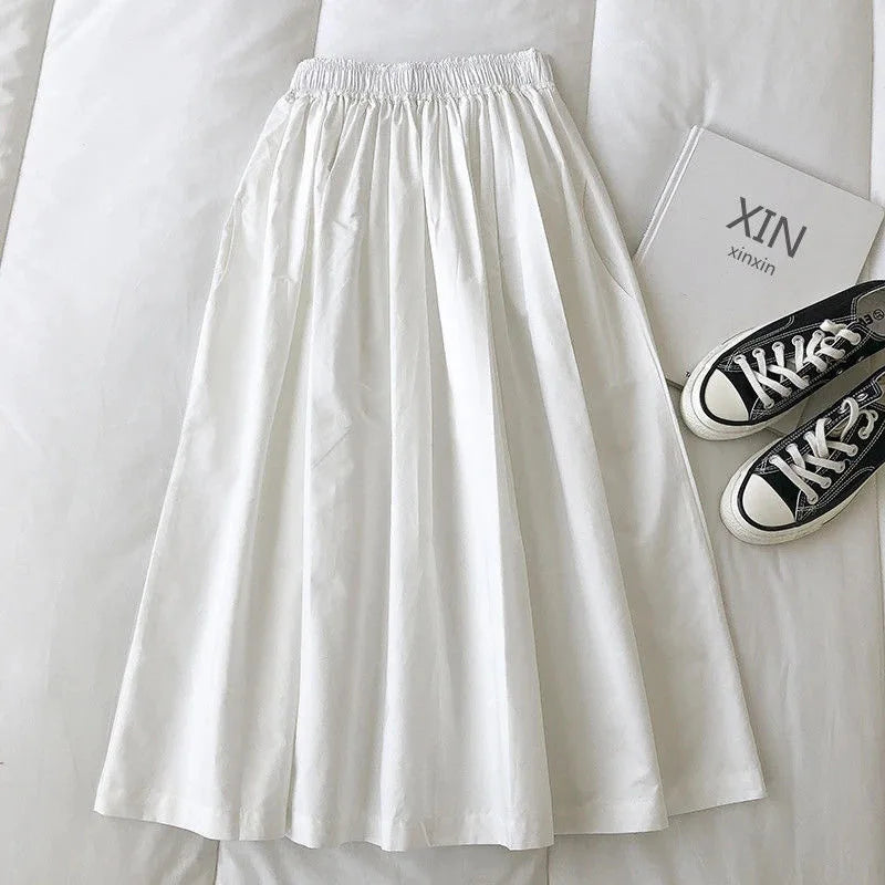 Women's White Long Skirt High Waist A-Line Knee-Length Fashion Pockets Pleated Casual Elegant Skirts for Autumn 2025