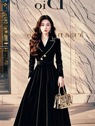 Style High-end Black Velvet Dress For Women, 2025 Autumn New Collection, Formal Occasions, Waist Cinching Suit Style Long Skirt