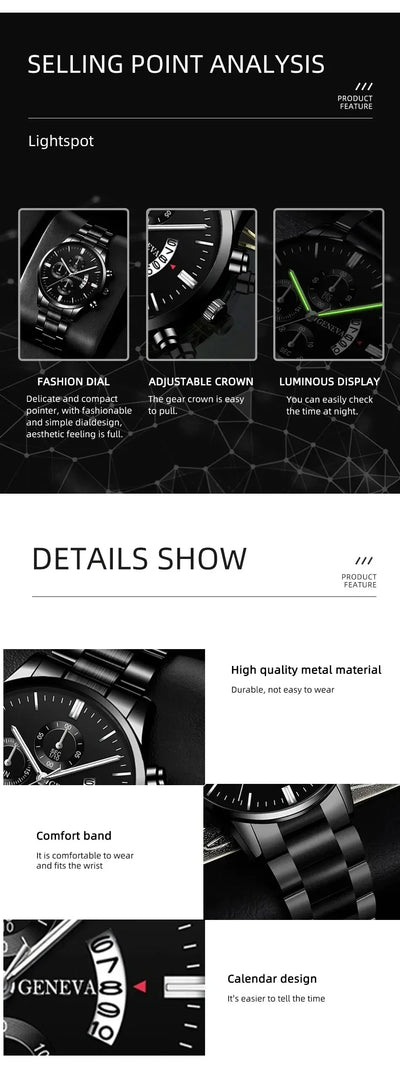 Fashion Mens Watches Luxury Black Stainless Steel Quartz Wrist Watch Man Business Watch for Men Calendar Clock Reloj Hombre