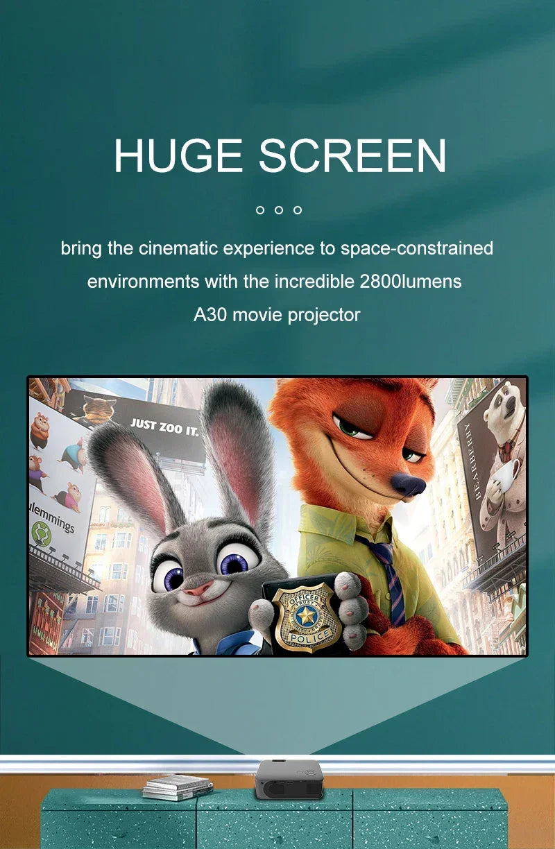 Portable Projector A30 Support 4K HDMI 1080P Mini Projectors Smart TV WIFI Home Theater Cinema Sync Android Phone Beamer LED