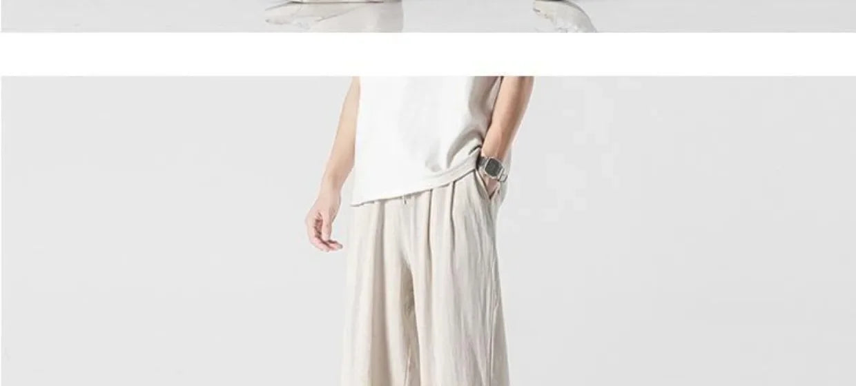 Summer Large Size Linen Cotton Wide Leg Pants Men Casual Comfortable Loose Fit Straight Leg Trousers Long Pants