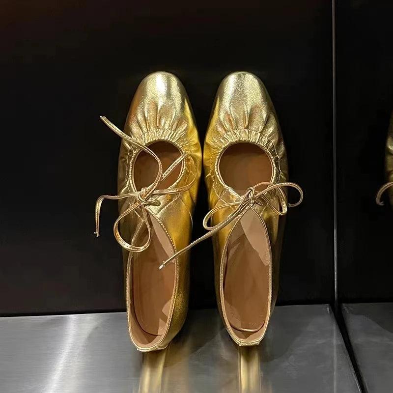 Women ballet leather narrow band flat shoes bling silver gold footwear