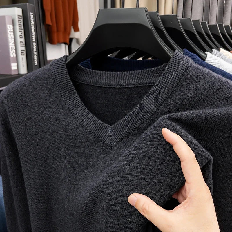 New Sweatwear Men's V Neck Basic Solid Color Sweaters Round Neck Elastic Pullovers Warm Autumn Knitted Oversized Sweater Men