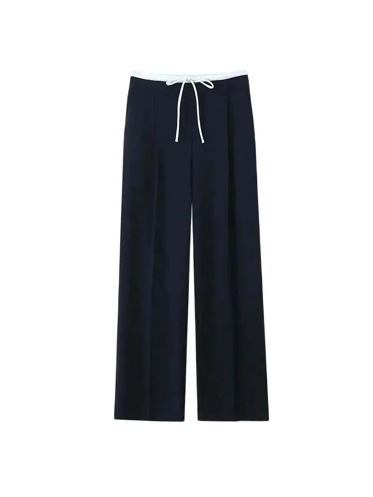 Women's Double Waistband Wide Leg Pants, High Elastic Waist With Drawstring, Side Pockets, Female Trousers, Chic Fashion