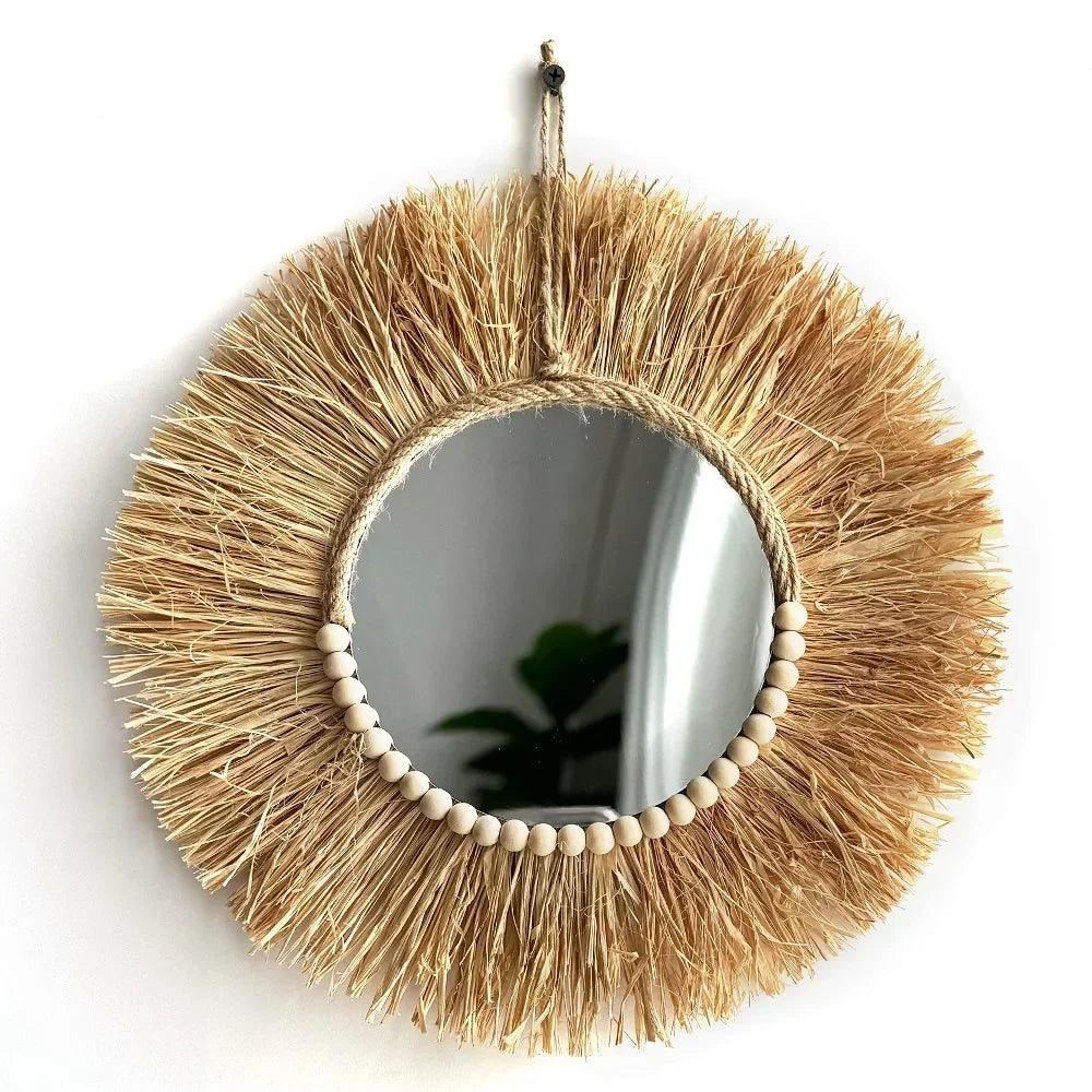 Handmade boho raffia mirror wall hanging decor rustic circle acrylic mirrors with wood bead farmhouse aesthetic nursery