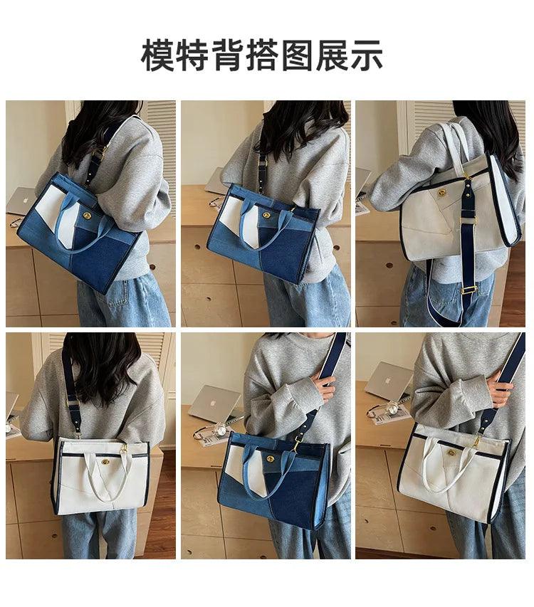 Designer colorblock canvas tote - oversized denim shoulder bag for women stylish work & casual crossbody purse