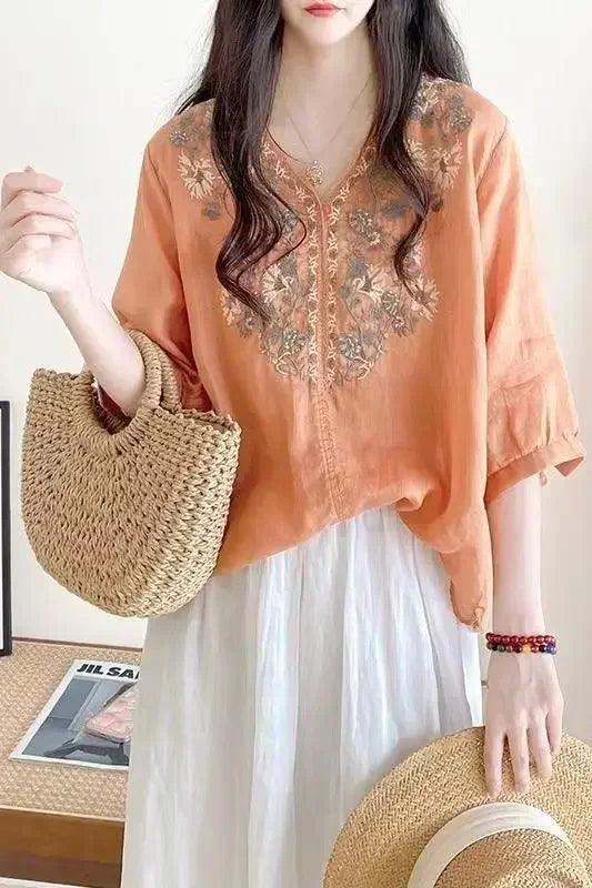 Women’s clothing linen blouse white v-neck embroidered shourt sleeve loose fit artistic casual feminine fashion