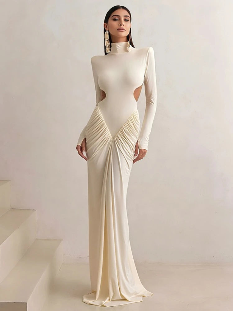 Womens Elegant Turtleneck Ruched Backless Party Dress 2025 Lady Long Sleeve Tunics Folds Long Maxi Formal Gown Evening Dresses