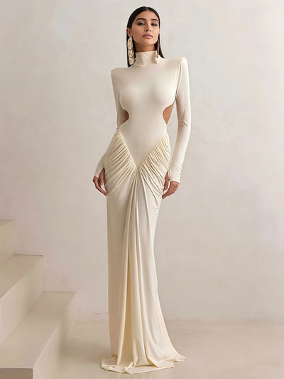 Womens Elegant Turtleneck Ruched Backless Party Dress 2025 Lady Long Sleeve Tunics Folds Long Maxi Formal Gown Evening Dresses