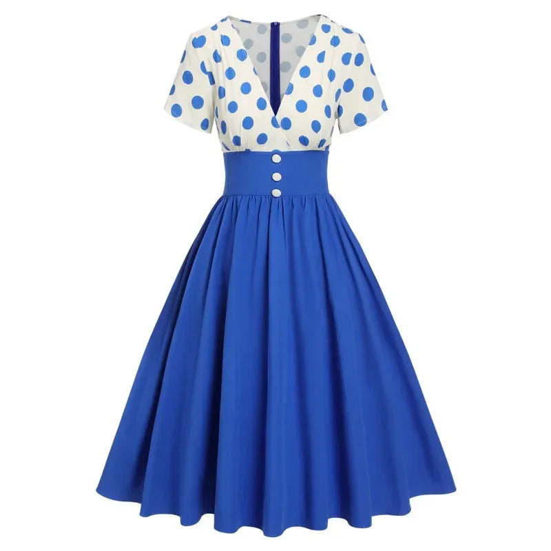 Polka Dot Women Summer Dresses Hepburn Style V-Neck Short Sleeve Vintage Print Patchwork Party Dress Casual A-Line