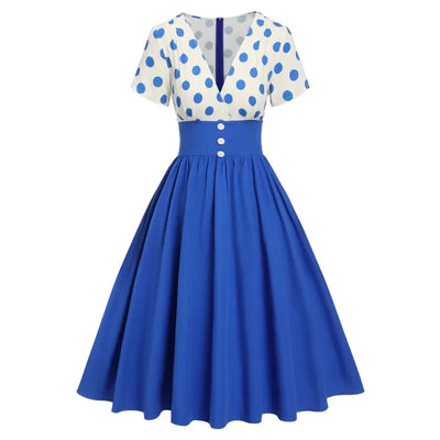 Polka Dot Women Summer Dresses Hepburn Style V-Neck Short Sleeve Vintage Print Patchwork Party Dress Casual A-Line