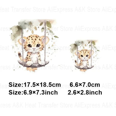 Baby Animal On Swings Heat Transfers For Kids Clothing Elephant Tigers Lion Stickers On Clothes Diy Thermal Patches Decals