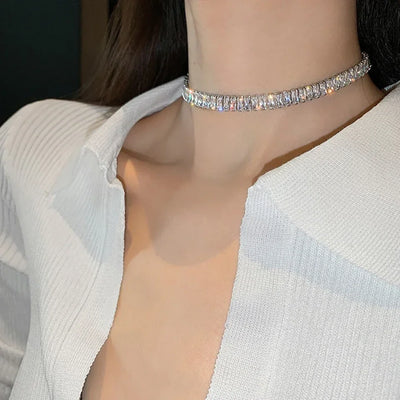 Korean Fashion Rectangle Zircon Choker Necklaces for Women Luxury Clear Geometric CZ Sexy Banquet Party Jewelry