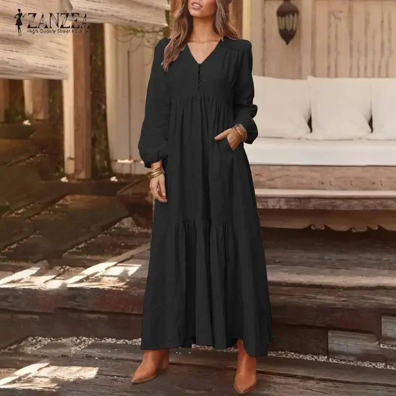 Vintage Cotton Linen Long Sleeve Dress Women Casual Autumn Maxi Robe V Neck Tiered Loose Vestido