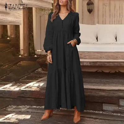 Vintage Cotton Linen Long Sleeve Dress Women Casual Autumn Maxi Robe V Neck Tiered Loose Vestido