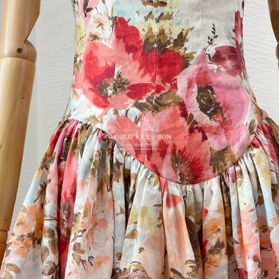 Linen 2025 Summer High Quality New Sleeveless White A-line Cut Out Floral Print Pleats Women Mini Dress