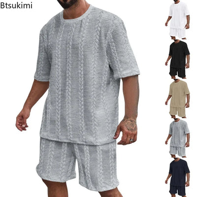 2025 Summer Casual Shorts Sets Knitted Jacquard Two Pieces Men's Tracksuit Solid O-neck Short Sleeve T-shirts+Shorts Streetwear