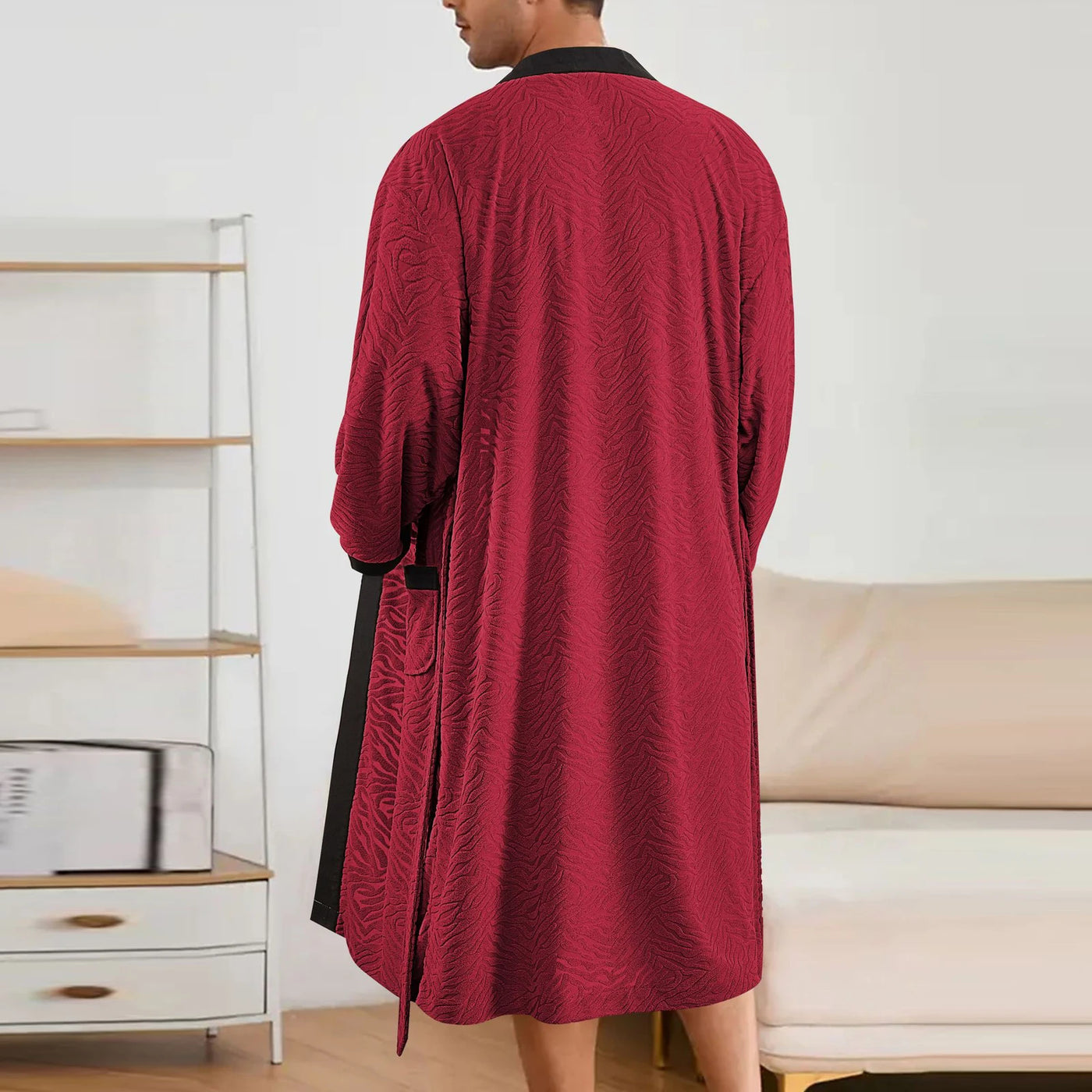 Men's Long Jacquard Soft Belted Bathrobe