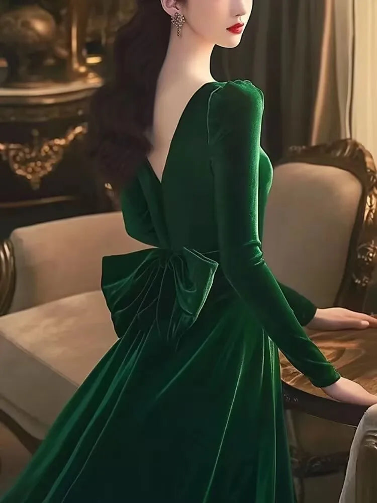 Fashion Beautiful Golden Velvet Women Vintage Dress 2025 Autumn Winter High-quality Elegant Versatile Dresses Ladies Vestidos