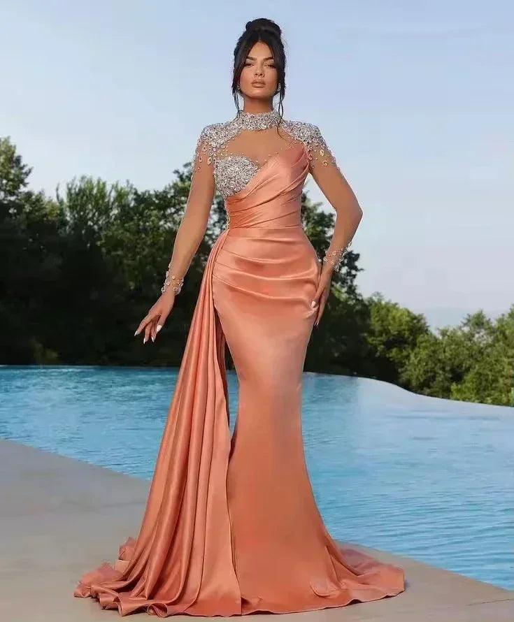 Luxury high neck evening dresses for women mermaid 2024 sheer long sleeves wedding party prom gowns vestidos de noche
