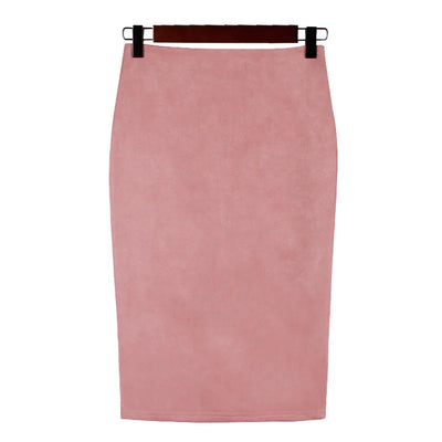 Women's suede solid color pencil skirt, spring and summer high waisted tight fitting retro suede split thick elastic skirt