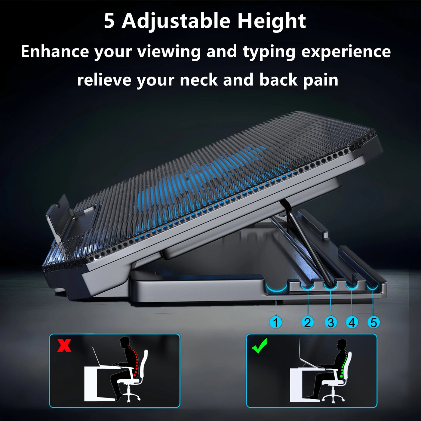 USB Gaming Laptop Cooling Pad with Adjustable Bracket - Blue Led Fan Display, Compatible with 11-17inch Laptop, Durable Structure Suitable for High Performance Games and Multiple Tasks, Notebook Cooler, Multi-Ask Accessories,