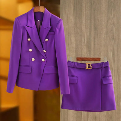 New Arrival Elegant Style Lady Office Work Suit Double-breasted Long Sleeve Fitted Blazer A-line Pencil Mini Skirt Women 2Pcs