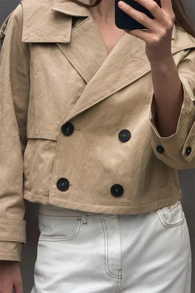 Fashionable khaki short hooded women’s summer jacket casual and versatile