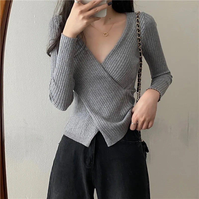 Autumn Winter Knitwear Tops Women Pullover Sweaters Fashion Female Long Sleeve Skinny Elastic Casual V-neck Knitted Shirts